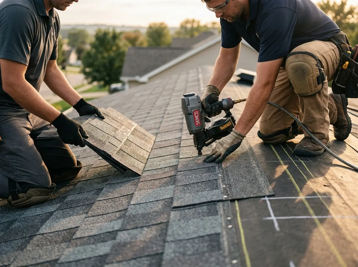 Professional roofer working on a residential roof in Cameron Park
